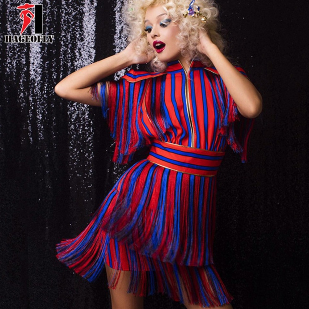 Short Sleeve Tassel Red Blue Striped Dress